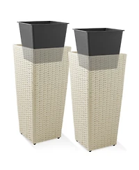 Casafield (Set of 2) All-Weather Outdoor Planters with Liners - White, Tall Tapered Plant Boxes with Flower Pots for Front Porch, Patio, Garden