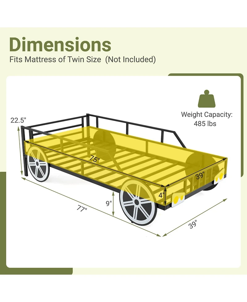 Costway Twin Car-Shaped Metal Bed Frame with Wheels Decorations Safety Guardrails