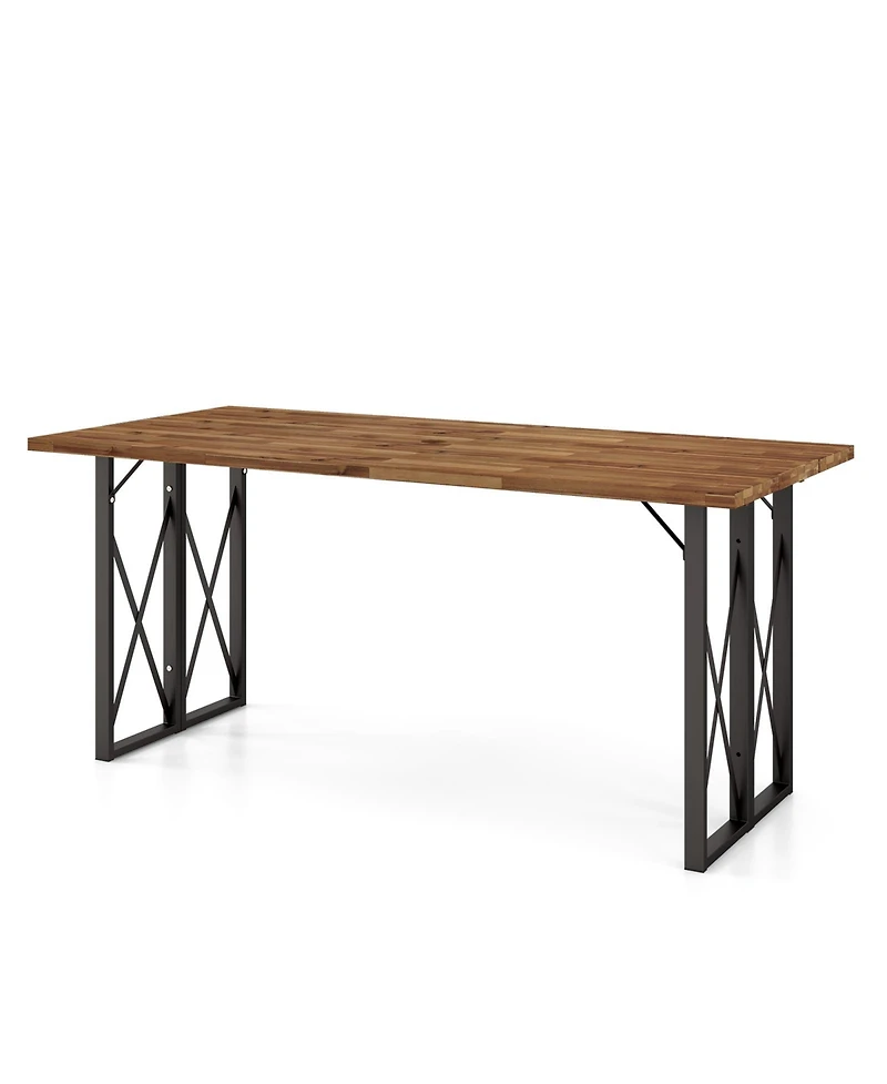Gymax 67'' Heavy-Duty Rectangle Table Acacia Wood Dining Table w/ Umbrella Hole Patio