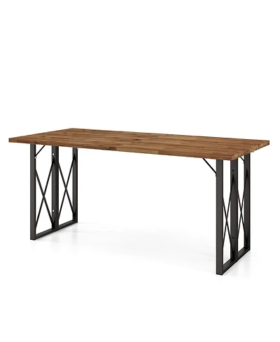 Gymax 67'' Heavy-Duty Rectangle Table Acacia Wood Dining Table w/ Umbrella Hole Patio