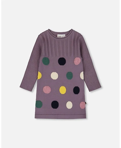 Deux par Girl Jacquard Sweater Dress with Polka Dot Pattern Purple Gray