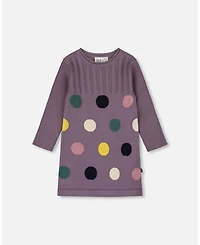 Deux par Girl Jacquard Sweater Dress with Polka Dot Pattern Purple Gray
