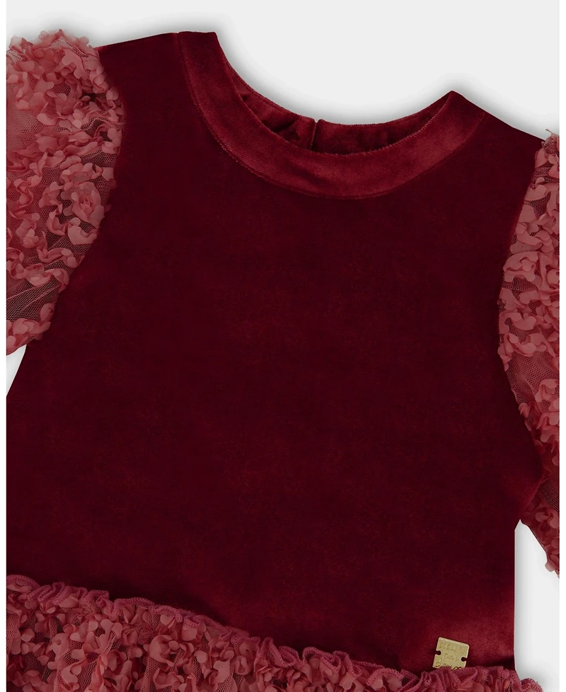 Deux par Girl Puff Sleeve Bi-Material Velour and Lace Dress Red