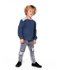 Deux par Boy Super Soft Long Sleeve Flat Back Rib Top with Elbow Patches Navy Blue