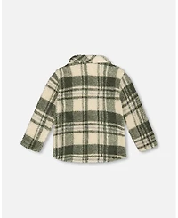 Deux par Boy Sherpa Long Sleeve Zip Front Overshirt Sage and Beige Plaid