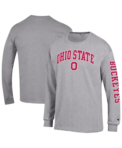 Champion Men's Heather Gray Ohio State Buckeyes Arch Over Logo 2-Hit Long Sleeve T-Shirt