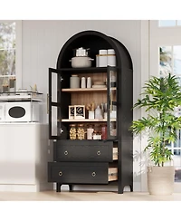 Casainc 71" Tall Arched Kitchen Pantry Cabinet with Glass Doors, Adjustable Shelves & 2 Large Drawers