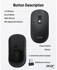 Acer Computer Mouse Wireless, 2.4G Slim Usb Wireless Mouse with Adjustable Dpi, 4 Buttons, Portable for Laptop, Desktop, Pc