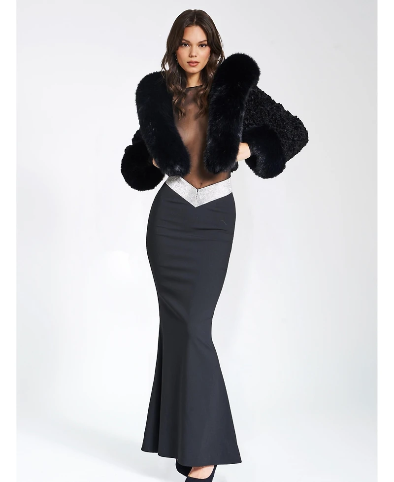 Miss Circle Women's Kali Black Cropped Faux Fur Jacket With Hood