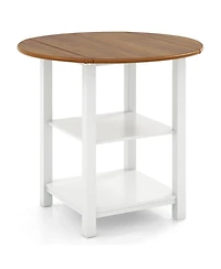 Volenca Folding Round Dining Table Drop Leaf Table with 2 Shelves for Small Spaces-White