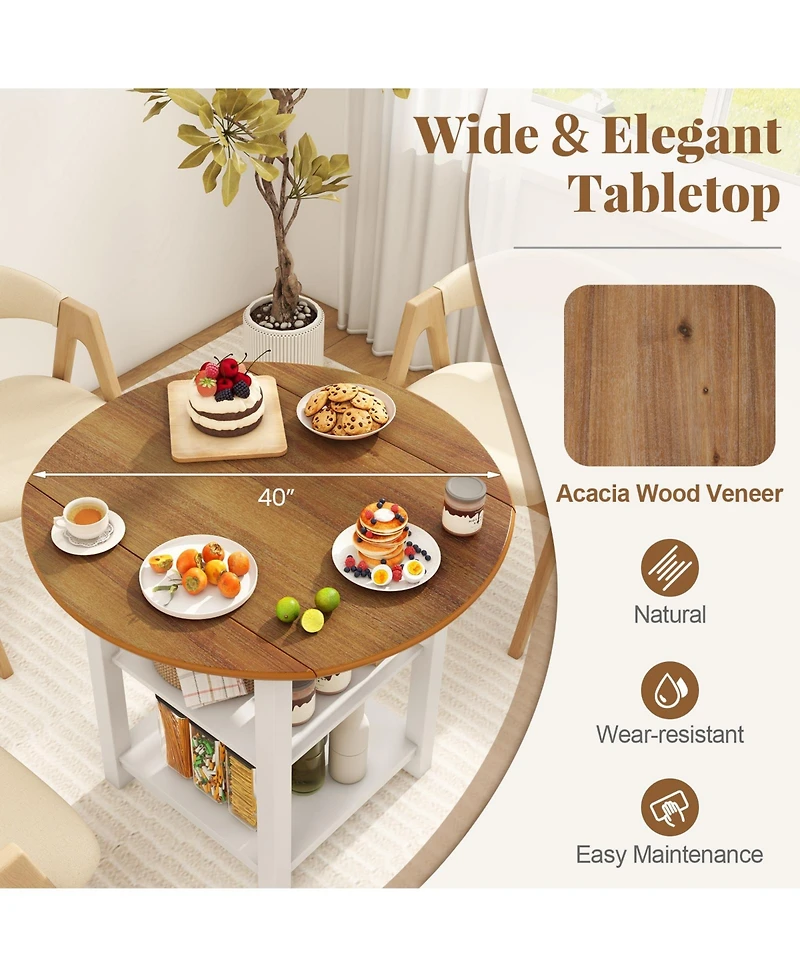 Volenca Folding Round Dining Table Drop Leaf Table with 2 Shelves for Small Spaces-White