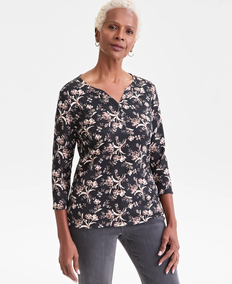 Style & Co Petite Printed 3/4-Sleeve Henley Top, Macy's Exclusive