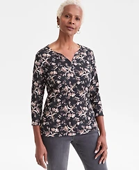 Style & Co Petite Printed 3/4-Sleeve Henley Top, Macy's Exclusive