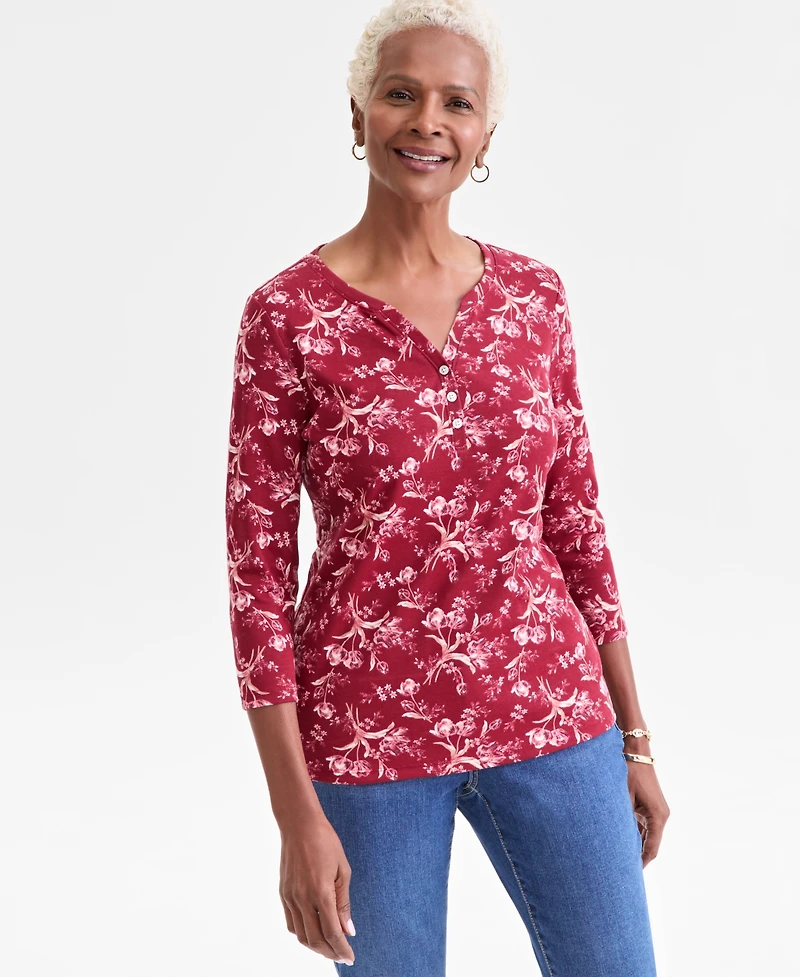 Style & Co Women's Printed 3/4-Sleeve Henley Top