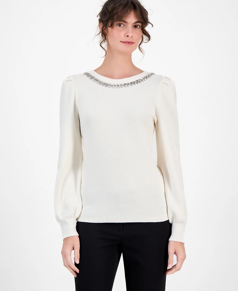 Ak Anne Klein Women's Embellished Puff-Sleeve Sweater