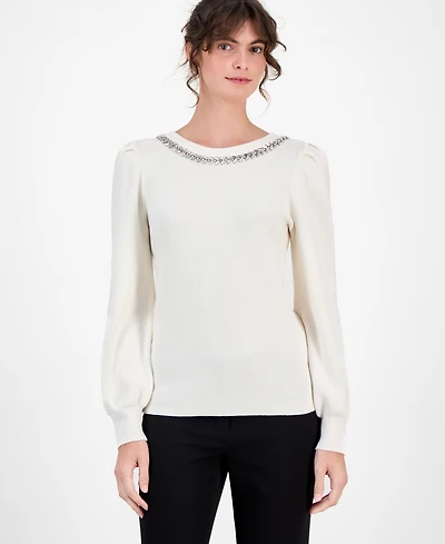 Ak Anne Klein Women's Embellished Puff-Sleeve Sweater
