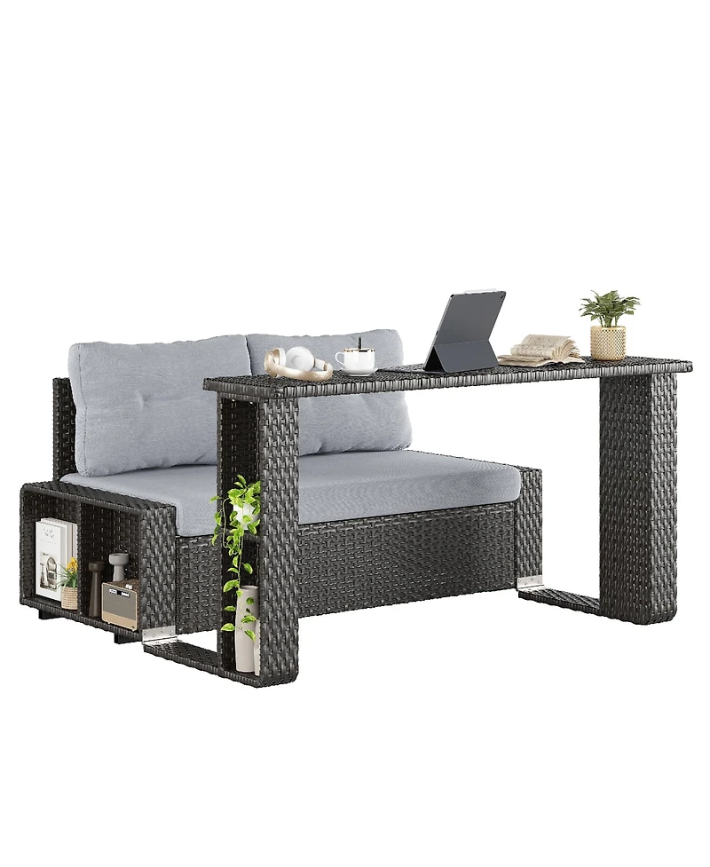 Vlsrka Convertible Foldable Wicker Outdoor Sofa with Storage Shelves