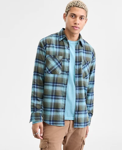 Sun + Stone Men's Wade Long-Sleeve Cotton Flannel Plaid Shirt, Macy's Exclusive