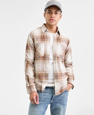 Sun + Stone Men's Curry Long-Sleeve Cotton Flannel Plaid Shirt, Macy's Exclusive