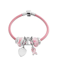 Bling Jewelry Support Breast Cancer Survivor Pink Ribbon Bead Charm Leather Bracelet .925 Silver