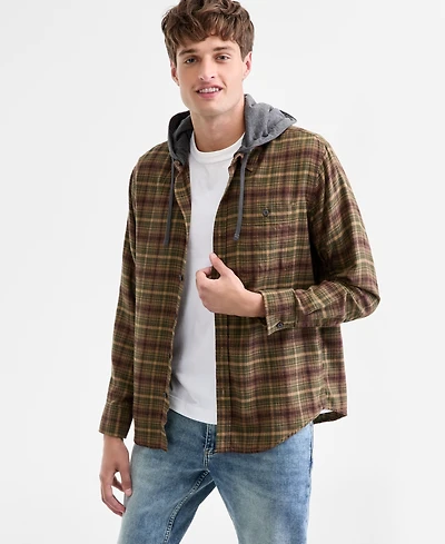 Sun + Stone Men's Russel Layered-Look Hooded Cotton Flannel Plaid Shirt, Macy's Exclusive