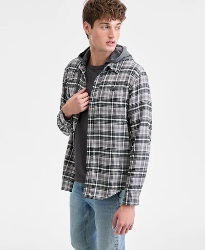Sun + Stone Men's Russel Layered-Look Hooded Cotton Flannel Plaid Shirt, Macy's Exclusive