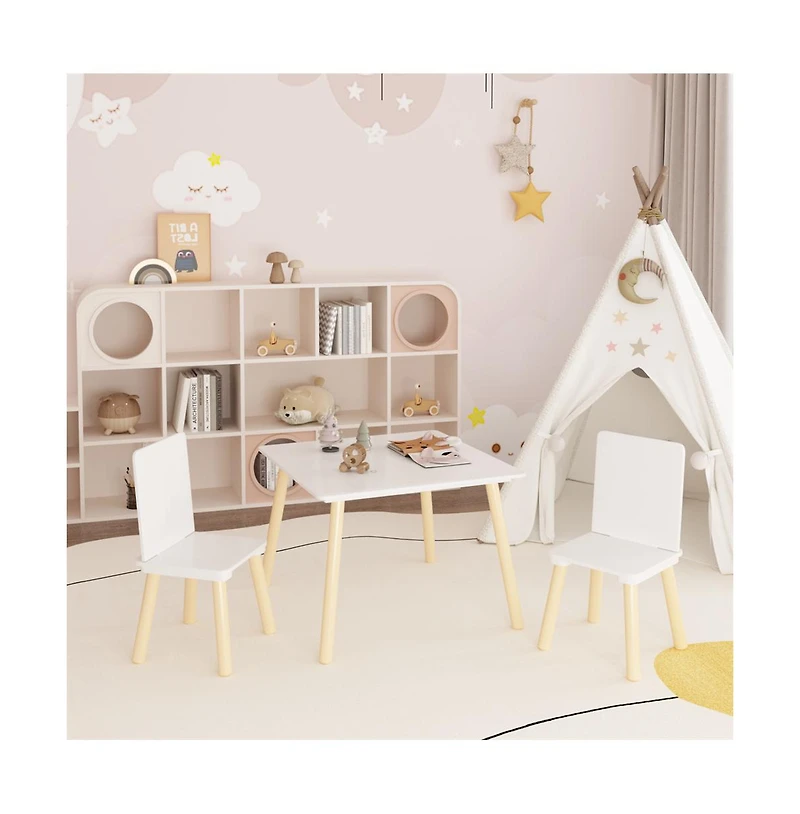 Cesicia Kids Table and 2 Chairs Set, 3 Pieces Toddler Table and Chair Set, Wooden Activity Play Table Set (White)