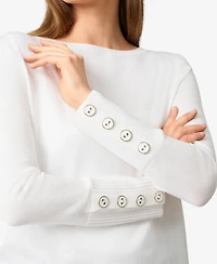 Melissa Paige Women's Fine Gauge Boat-Neck Buttoned-Cuff Sweater