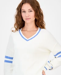 Freshman Juniors' V-Neck Varsity Stripe Sweater
