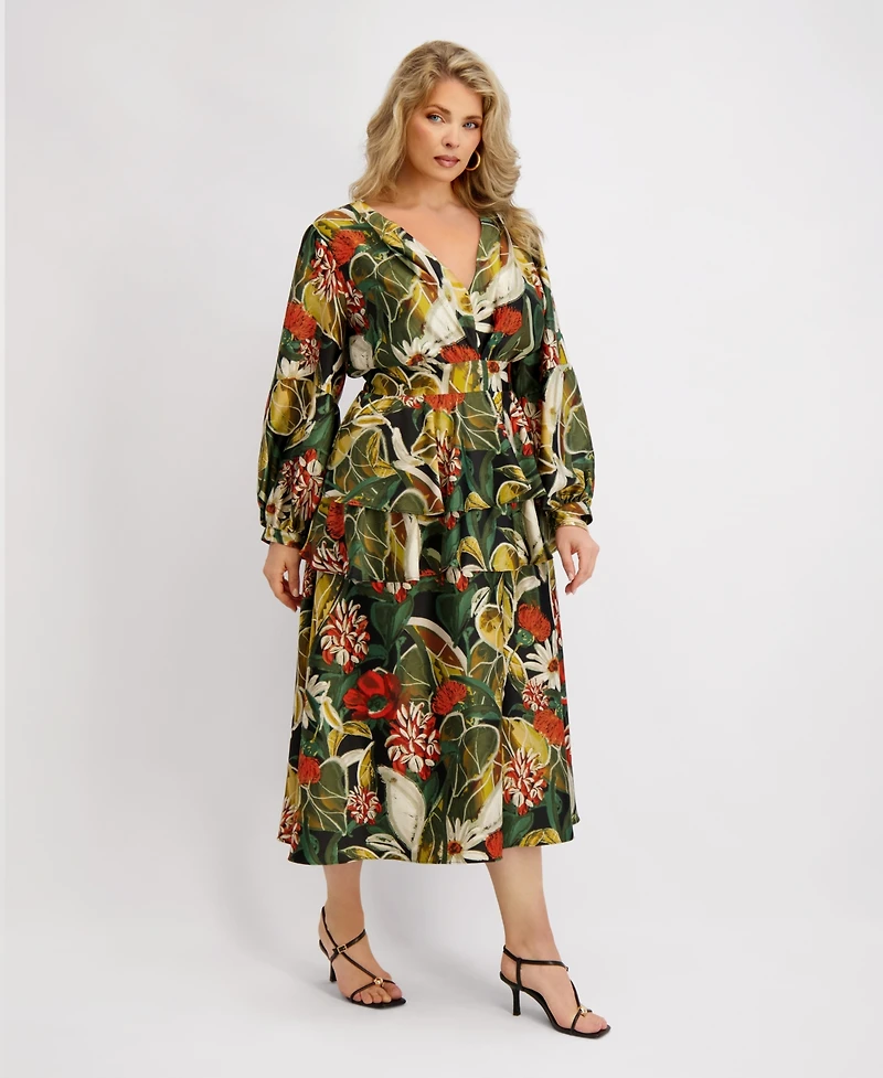 Siena Plus Long-Sleeve Tiered Satin Maxi Dress