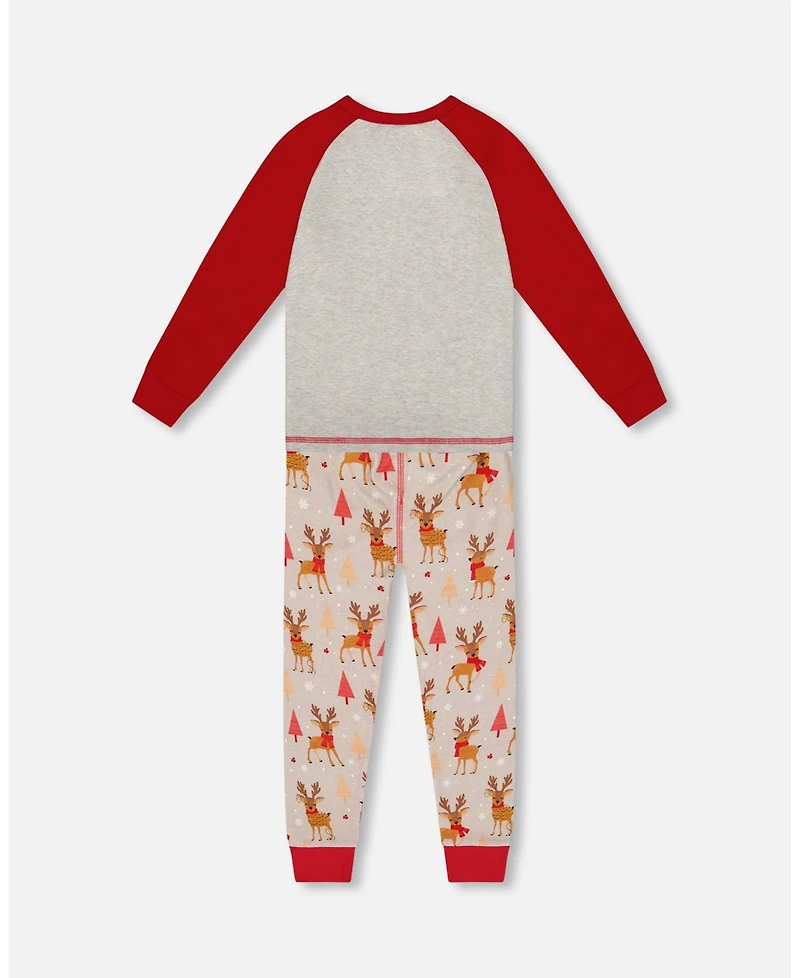 Deux par Baby Boys Two-Piece Cotton Pajama Set Beige Reindeer Print