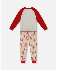 Deux par Baby Boys Two-Piece Cotton Pajama Set Beige Reindeer Print