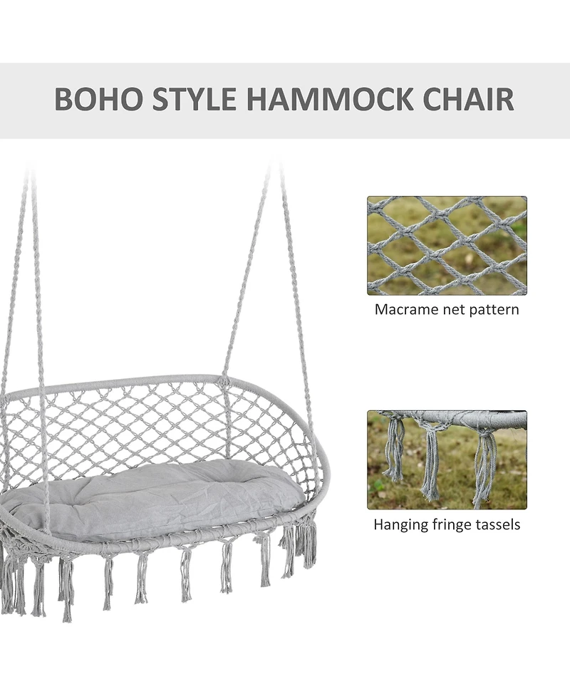 2-Person Hammock Chair Macrame Swing with Soft Cushion, Hanging Cotton Rope Chair for Indoor Outdoor Home Patio Backyard, Grey