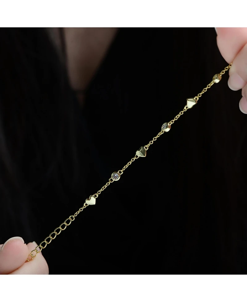 Rachel Glauber 14K Gold Plated with Bezel Set Cubic Zirconia Heart Charm Bracelet