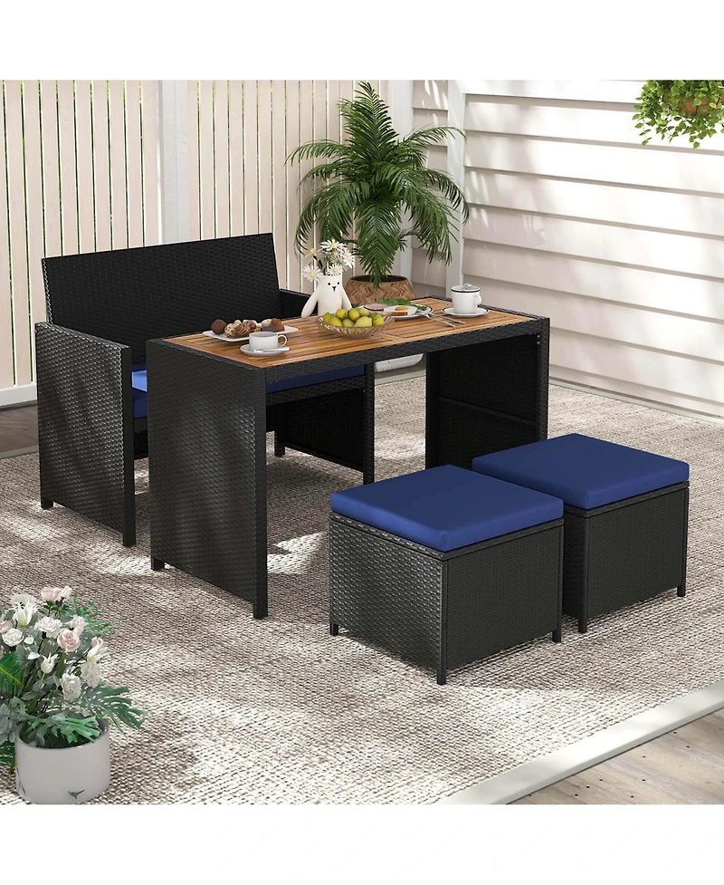 Costway 4 Pcs Outdoor Dining Set, Rattan Loveseat Chair & 2 Ottomans