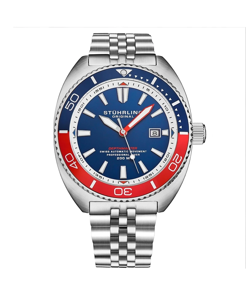 Stuhrling 1008 Men s Automatic Watch Tonneau Stainless Steel Case Blue Dial Pepsi Red Blue Bezel Jubilee Bracelet 200M Water Resistant Date Window