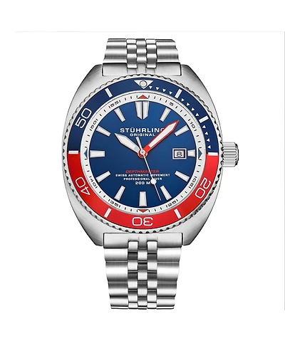 Stuhrling 1008 Men s Automatic Watch Tonneau Stainless Steel Case Blue Dial Pepsi Red Blue Bezel Jubilee Bracelet 200M Water Resistant Date Window