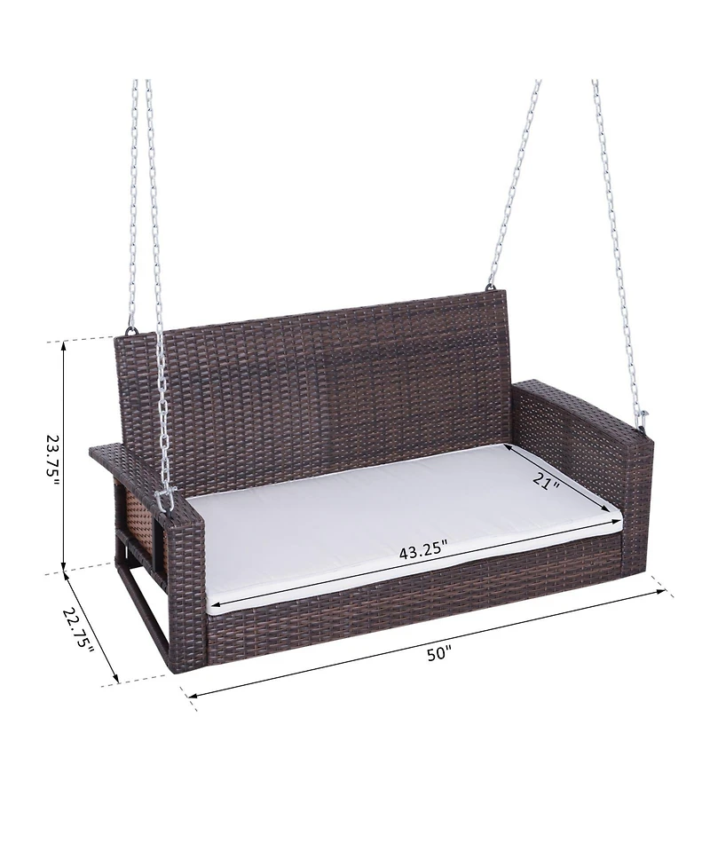 2 Person Wicker Hanging Swing Bench, Front Porch Swing Outdoor Chair with Cushions 550 lbs. Weight Capacity for Backyard, Garden, Cream White