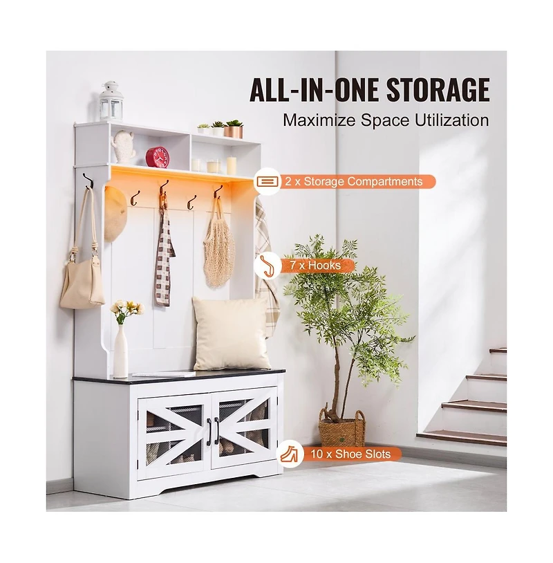 Slickblue Entryway Bench with Led Coat Rack, 7 Hooks, Shoe Storage, and Adjustable Shelves