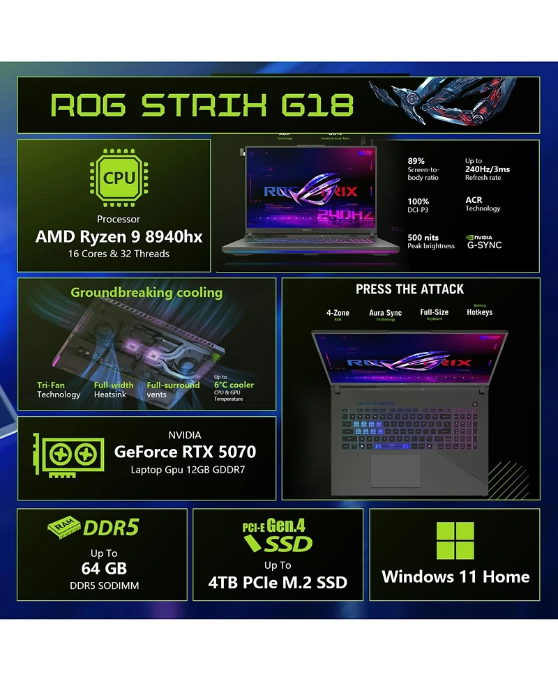 Asus Rog Strix 18" Gaming Laptop, Ryzen 9 8940HX, 16GB Ram, Rtx 5070, 1TB Ssd, 240Hz Wqxga Display, Windows 11 Home, Black