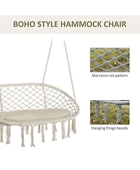 Flynama 2-Person Hammock Chair Macrame Swing with Soft Cushion, Hanging Cotton Rope Chair for Indoor Outdoor Home Patio Backyard, White