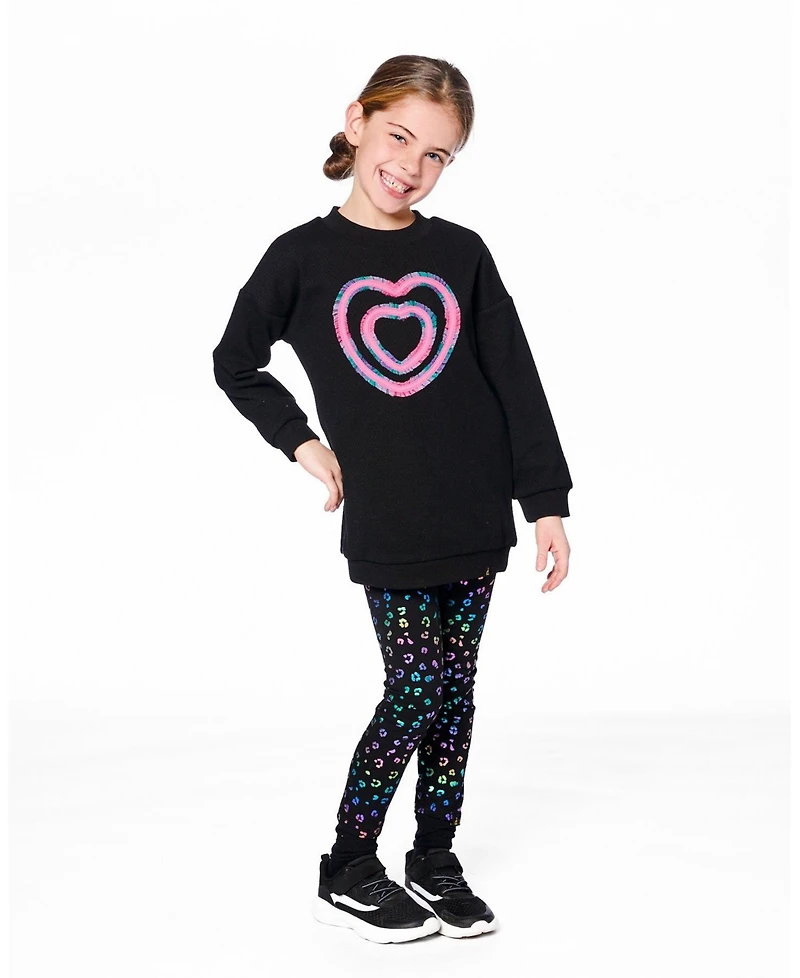 Deux par Big Girls Fleece Jacquard Tunic Black with Heart Applique