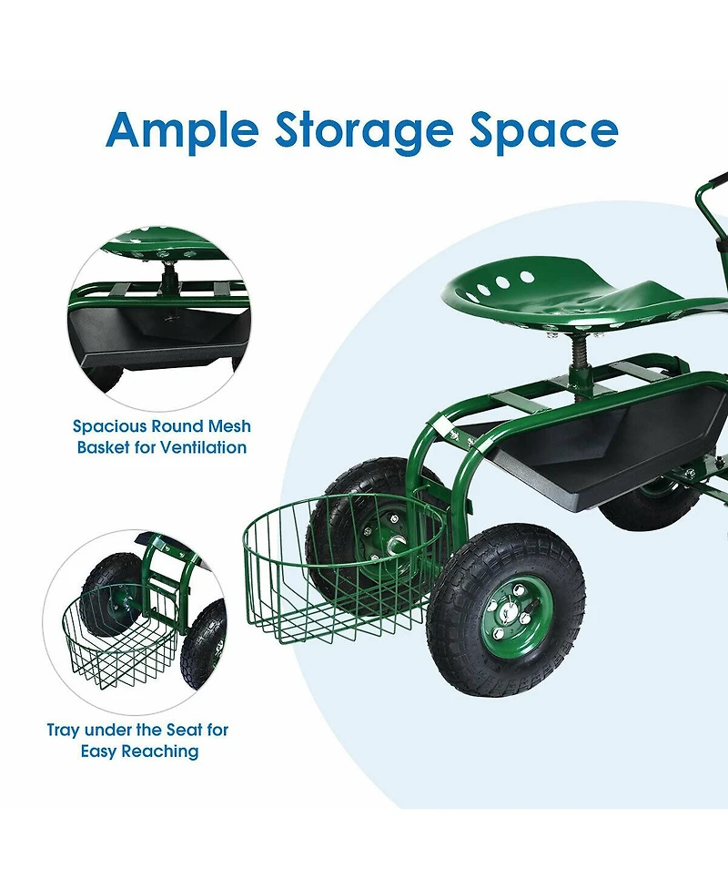 Hitway Extendable Handle Garden Cart Rolling Wagon Scooter-Green