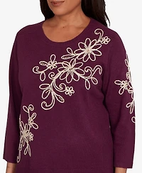Alfred Dunner Women's Urban Legend Diagonal Floral Embroidered Sweater