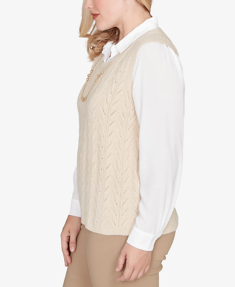 Alfred Dunner Women's Urban Legend Pointelle Texture Two One Sweater with Necklace