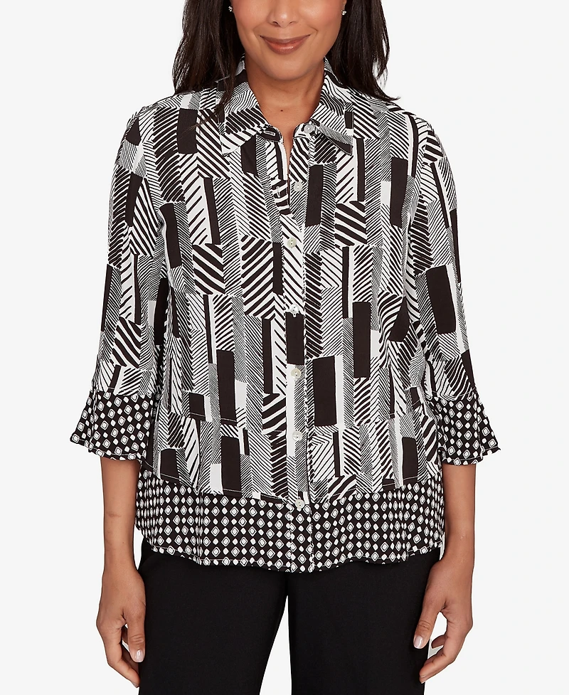 Alfred Dunner Women's Woven Zebra Button Front Top