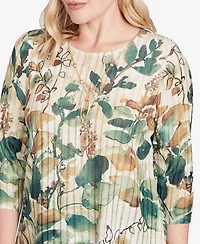 Alfred Dunner Women's Mount Laurel Abstract Leaf Sharkbite Hem Top with Necklace