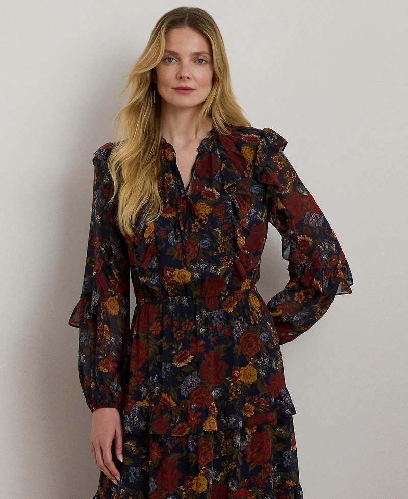 Lauren Ralph Women's Floral Crinkle Georgette Tiered Dress