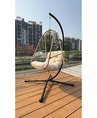 Flynama Swing Egg Chair with Stand Indoor Outdoor Wicker Rattan Patio Basket Hanging Chair with C Type bracket , with cushion and pillow,Patio Wicker