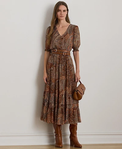 Lauren Ralph Women's Crinkle 58-Jeho Puffed Sleeve Georgette Dress
